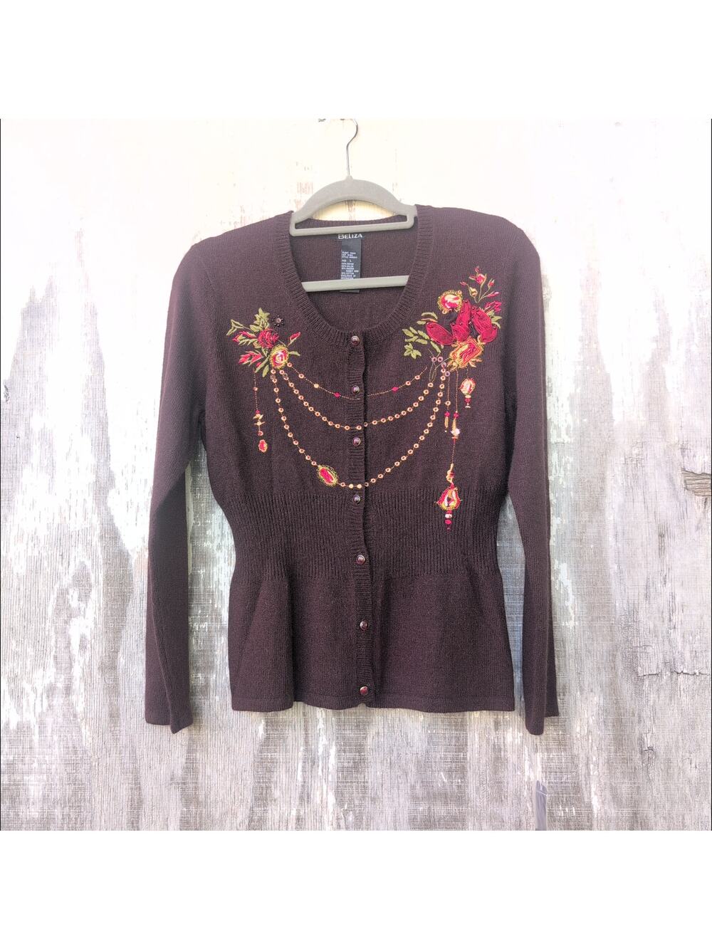 Vintage Beliza NWT Embroidered Angora Blend Chocolate Brown Cardigan Women's L